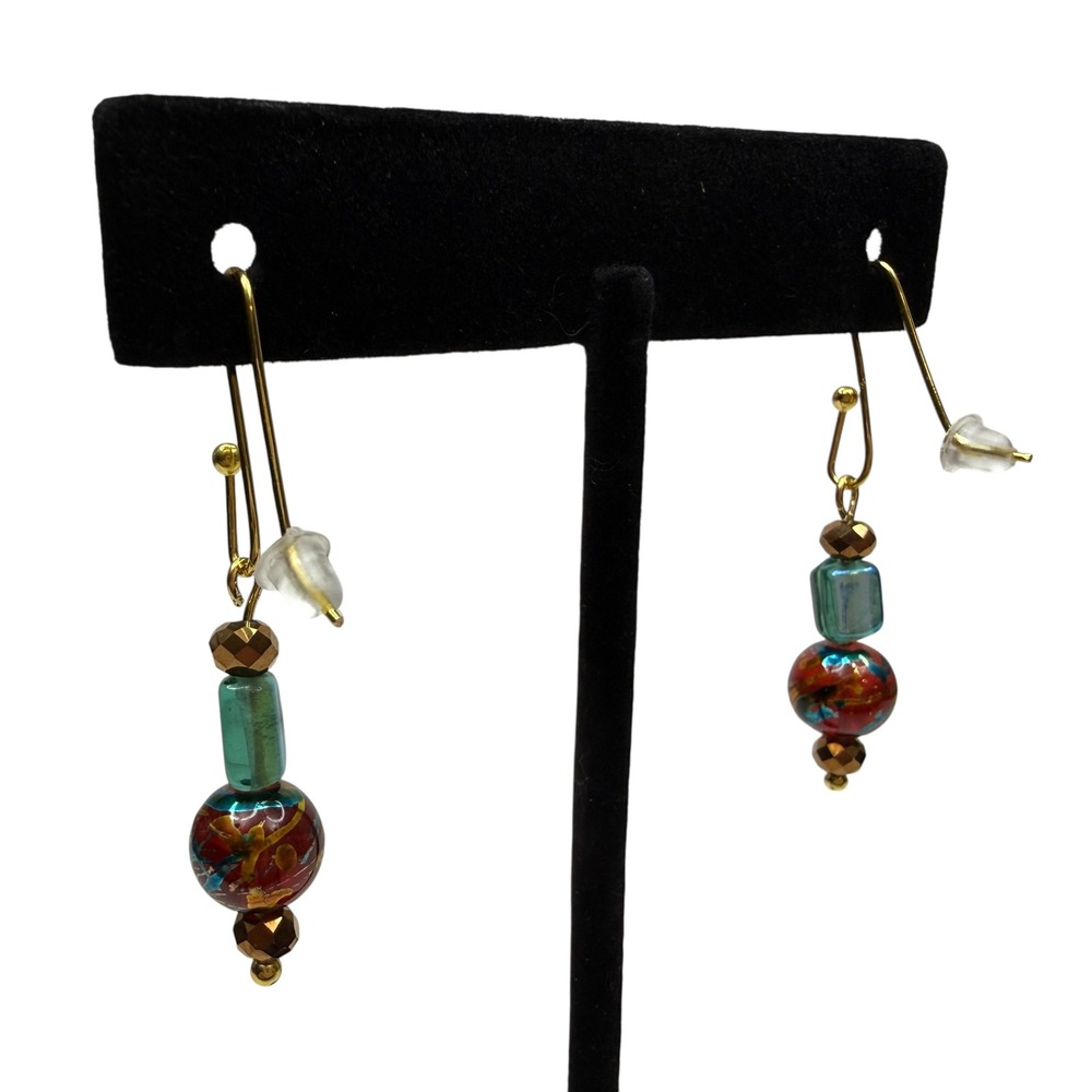 Artisan Lampwork Style Glass Dangle Earrings Gold Tone Beaded Dainty Jewelry 1in - Picture 3 of 6